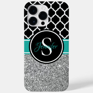Silber-Glitter Schwarz-Weiß-Trellis-Monogramm Case-Mate iPhone 14 Pro Max Hülle