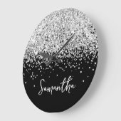 Silber Glitter Schwarze Schrift Name Große Wanduhr (Winkel)