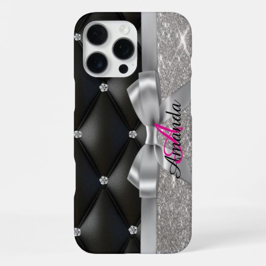 Silber Glitter schwarzes Monogramm iPhone Hülle (Rückseite)