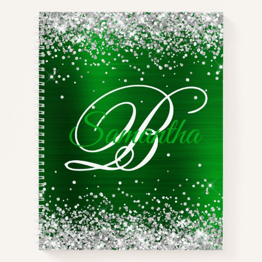 Silber Glitter Smaragdgrün Folie Fancy Monogramm Notizblock (Vorderseite)