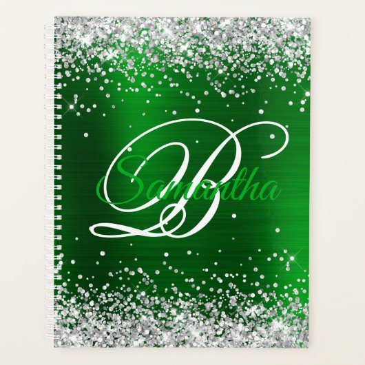 Silber-Glitter-Smaragdgrüne-Folie-Fancy-Monogramm Planer (Vorderseite)
