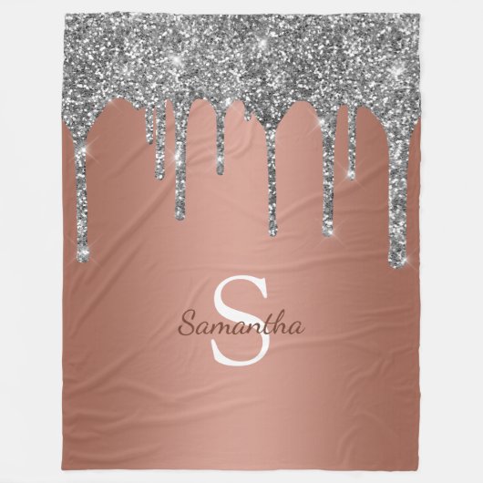 Silber-Glitter-Sparkle-Drip-Roségold-Monogramm Fleecedecke (Vorderseite)