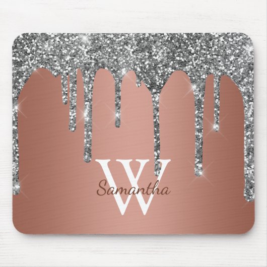 Silber-Glitter-Sparkle-Drip-Roségold-Monogramm Mousepad (Vorne)