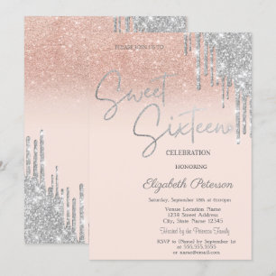 Silber Glitter-Tropfen Blush Pink Sweet 16 Einladung
