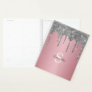 Silber-Glitter-Tropfen Roségold-Rosa Monogramm Nam Planer