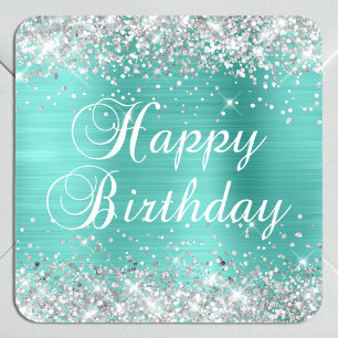 Silber-Glitter Türkis Alles Gute zum Geburtstag Quadratischer Aufkleber