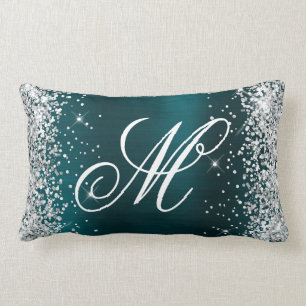 Silber Glitter Türkis Blau Folie Fancy Monogramm Lendenkissen