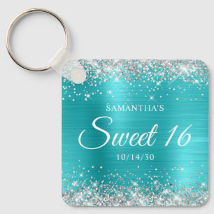 Silber Glitter Türkis Blau Folie Sweet 16 Schlüsselanhänger