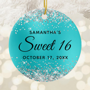 Silber Glitter Türkis Blau Glam Sweet 16 Keramik Ornament