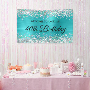Silber Glitter Türkis Blaue Folie 40. Geburtstag Banner