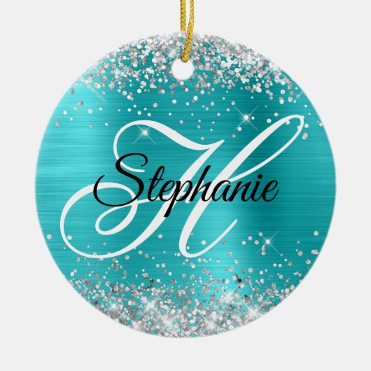Silber Glitter Türkis Blaue Folie Fancy Monogramm Keramik Ornament (Vorne)