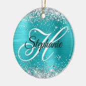 Silber Glitter Türkis Blaue Folie Fancy Monogramm Keramik Ornament (Links)
