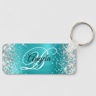 Silber Glitter Türkis Blaue Folie Fancy Monogramm Schlüsselanhänger