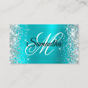 Silber Glitter Türkis Blaue Folie Fancy Monogramm Visitenkarte