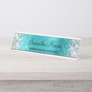 Silber Glitter Türkis Blaue Folie Schreibtischnamensplakette