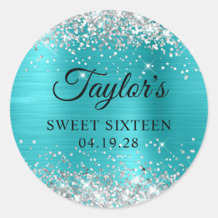 Silber Glitter Türkis Blaue Folie Sweet Sixteen Runder Aufkleber