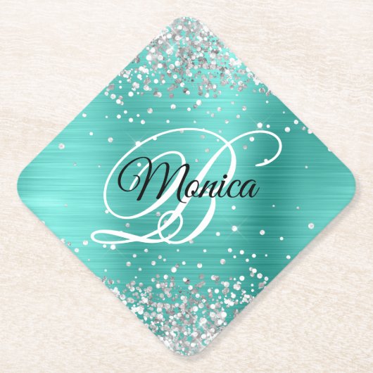 Silber Glitter Türkis Fancy Monogramm Diamant Untersetzer (Vorderseite)