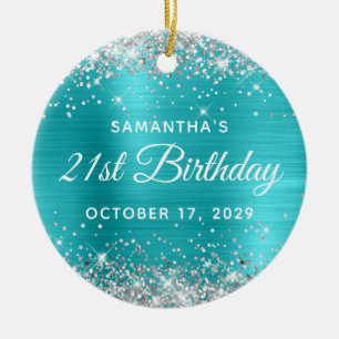 Silber Glitter Türkis Folie 21. Geburtstag Keramik Ornament