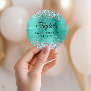 Silber-Glitter Türkis-Folie Sweet Sixteen Runder Aufkleber