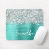 Silber Glitter Türkis Glam Name Mousepad (Mit Mouse)
