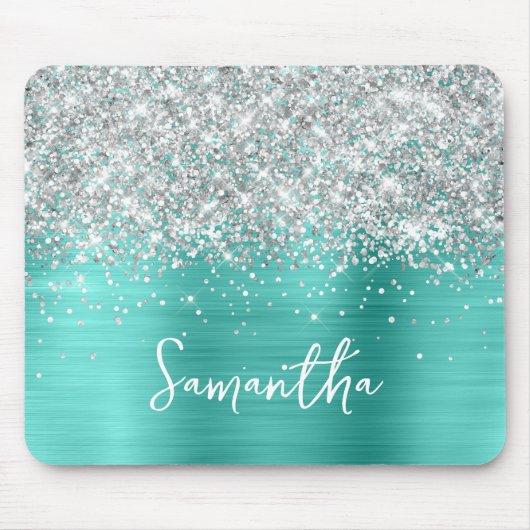 Silber Glitter Türkis Glam Name Mousepad (Vorne)