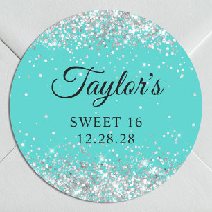 Silber Glitter Türkis Sweet 16 Runder Aufkleber