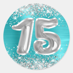 Silber Glitter Türkisblaue Zahl 15 Geburtstag Runder Aufkleber
