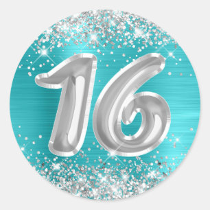 Silber Glitter Türkisblaue Zahl 16 Geburtstag Runder Aufkleber