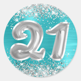 Silber Glitter Türkisblaue Zahl 21 Geburtstag Runder Aufkleber