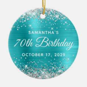 Silber-Glitter-Turquoise-Folie 70. Geburtstag Keramik Ornament