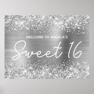Silber Glitter und Folie Sweet 16 Willkommen Poster
