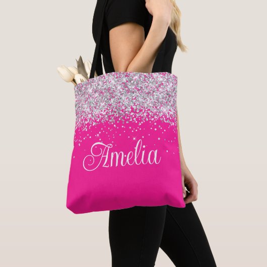 Silber-Glitter und Hot-Pink-Monogramm Tasche (Von Nahem)