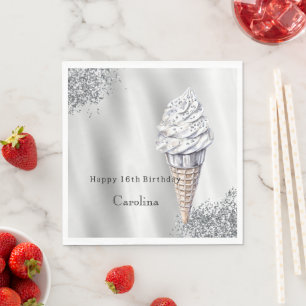 Silber Glitter Vanille-Eiscreme-Kegel Geburtstag Serviette