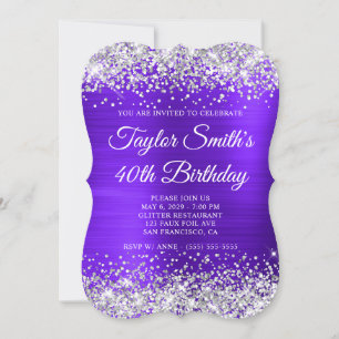 Silber Glitter Veilchen Monogramm 40. Geburtstag Einladung