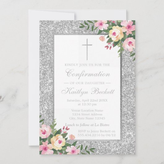 Silber-Glitzer-Blumenbestätigung oder -weihen Einladung (Vorderseite)
