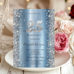 Silber Glitzer Diamanten Blau 25. Geburtstag Einladung