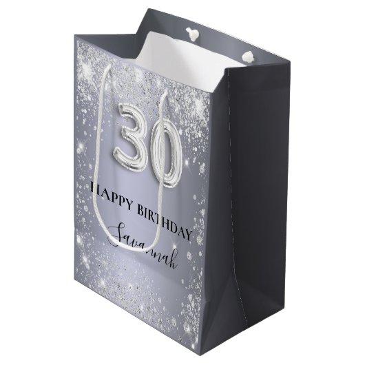 Silber-Glitzer-Drehbuch zum 30. Geburtstag Mittlere Geschenktüte (Vorderseite Schrägansicht)