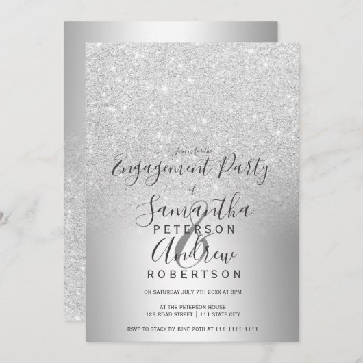Silber-Glitzer-Folie aus Metall Verlobung Einladung (Vorne/Hinten)