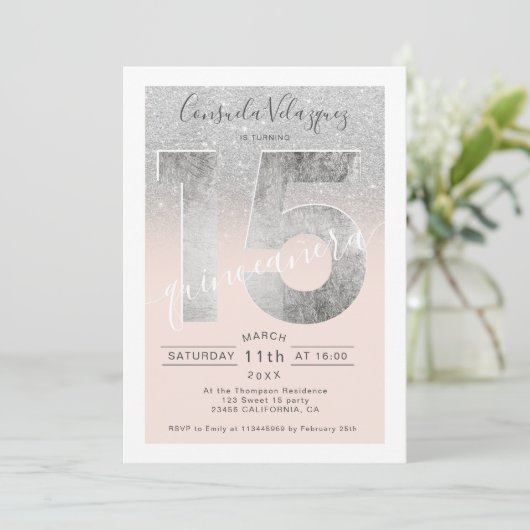 Silber-Glitzer-Folienskript "Black Quinceanera"-Fo Einladung (Stehend Vorderseite)