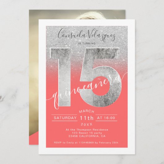 Silber-Glitzer-Folienskript Korallenquinceanera-Fo Einladung (Vorne/Hinten)