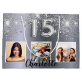 Silber-Glitzer-Foto Quinceanera Große Geschenktüte (Rückseite)