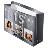 Silber-Glitzer-Foto Quinceanera Große Geschenktüte (Vorderseite Schrägansicht)