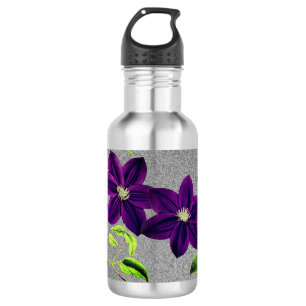 Silber Glitzer mit Watercolor Lila Clematis Edelstahlflasche