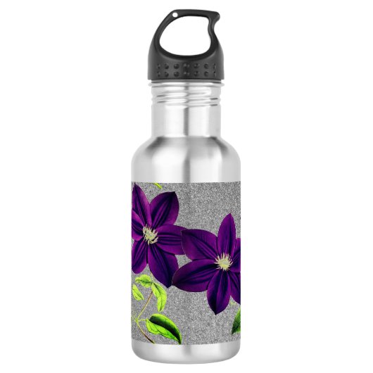 Silber Glitzer mit Watercolor Lila Clematis Edelstahlflasche (Vorderseite)