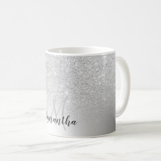 Silber-Glitzer-Monogramm Kaffeetasse (VorderseiteRechts)