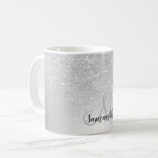 Silber-Glitzer-Monogramm Kaffeetasse (Vorderseite Links)