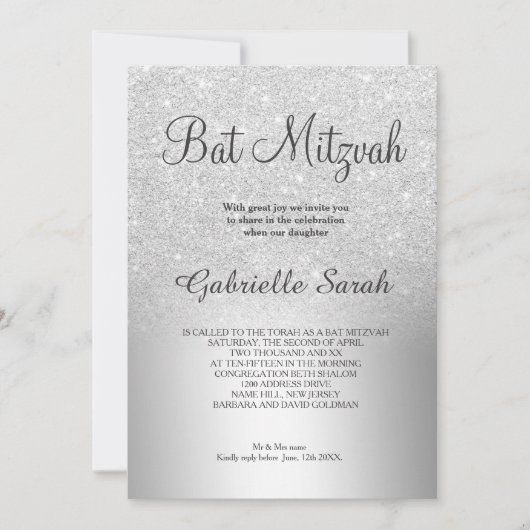 Silber Glitzer ombre Metallfolie Bat Mitzvah Einladung (Vorderseite)