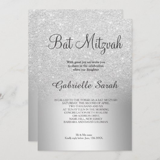 Silber Glitzer ombre Metallfolie Bat Mitzvah Einladung (Vorne/Hinten)