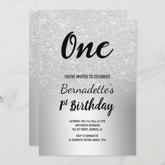 Silber Glitzer ombre metallic erster Geburtstag Einladung (Vorne/Hinten)