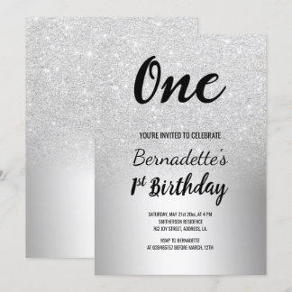 Silber Glitzer ombre metallic erster Geburtstag Einladung